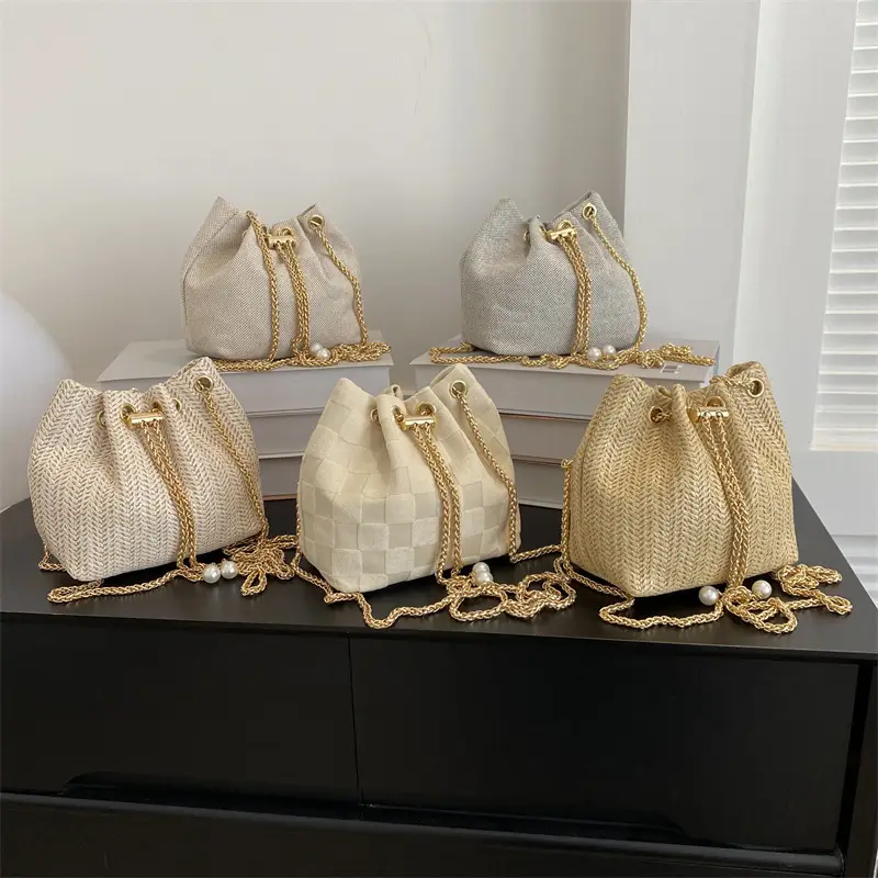 Women's Pearl Chain Straw Bucket Bag 2025 - Image 7