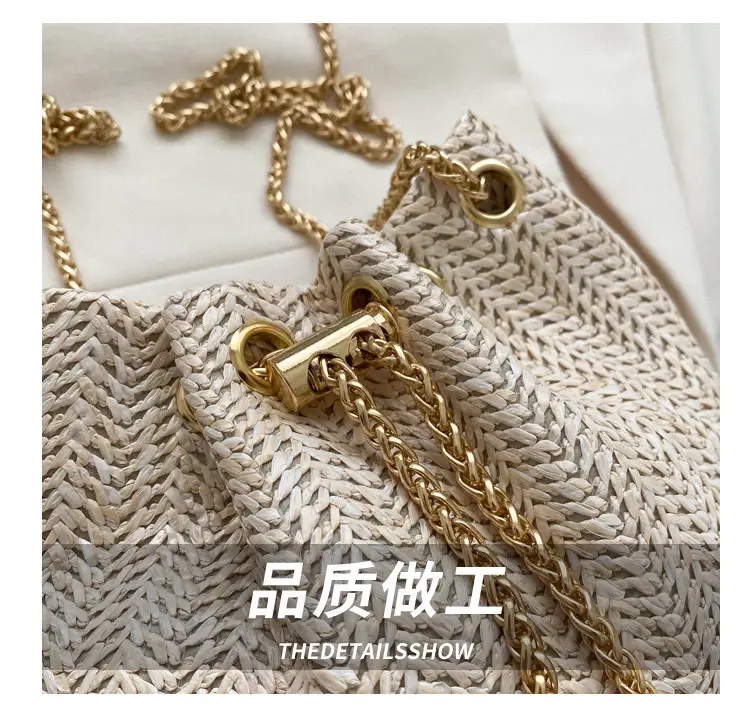 Women's Pearl Chain Straw Bucket Bag 2025 — feature 3