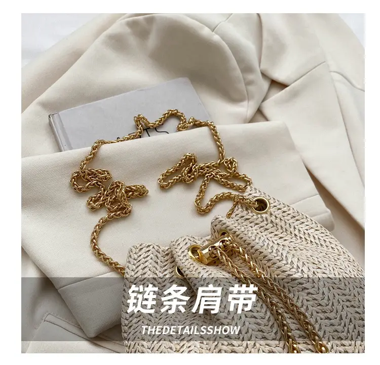 Women's Pearl Chain Straw Bucket Bag 2025 — feature 4