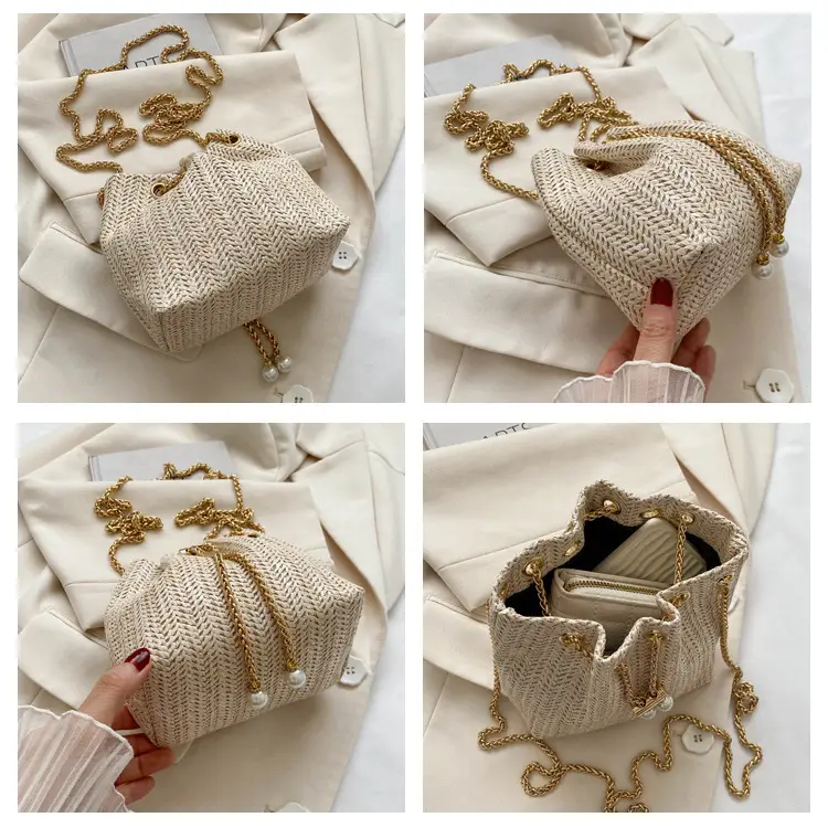 Women's Pearl Chain Straw Bucket Bag 2025 — feature 6