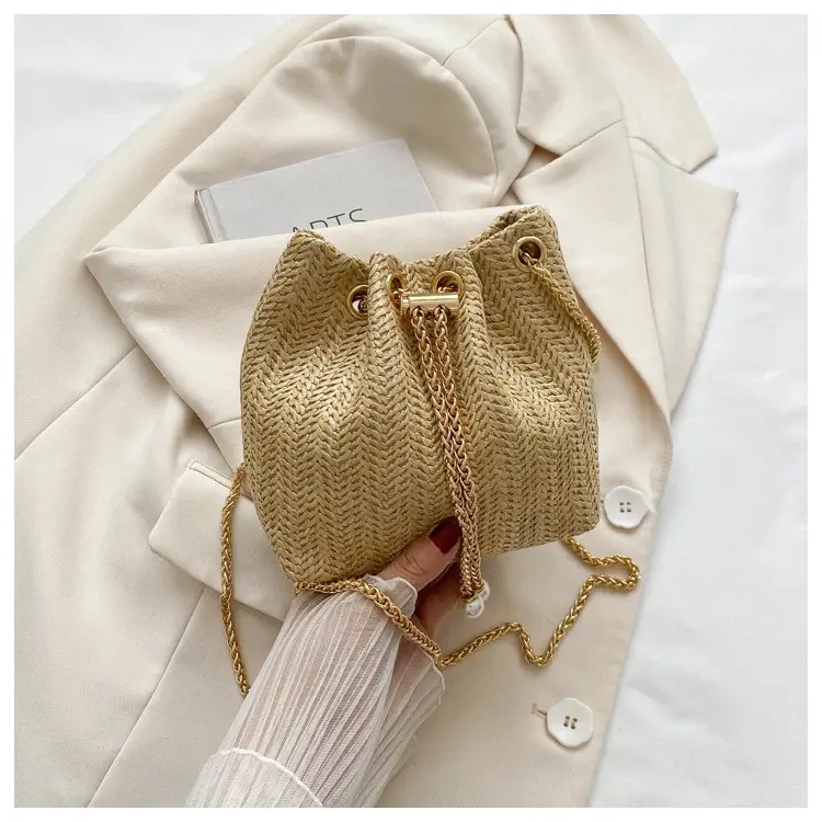 Women's Pearl Chain Straw Bucket Bag 2025 - Image 2