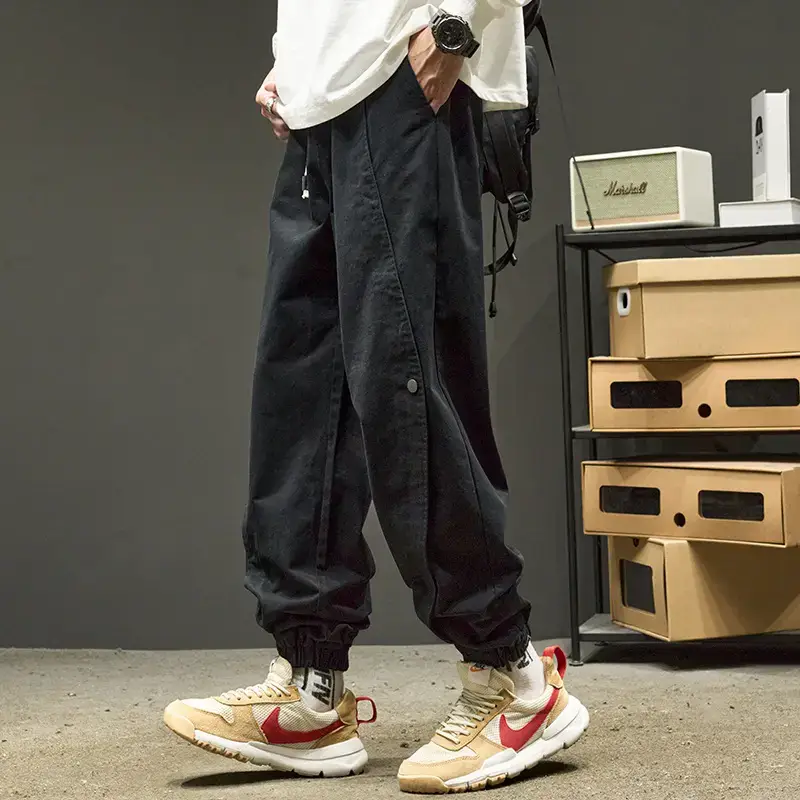 Men's Black Cotton Jogger Pants with Drawstring Waist