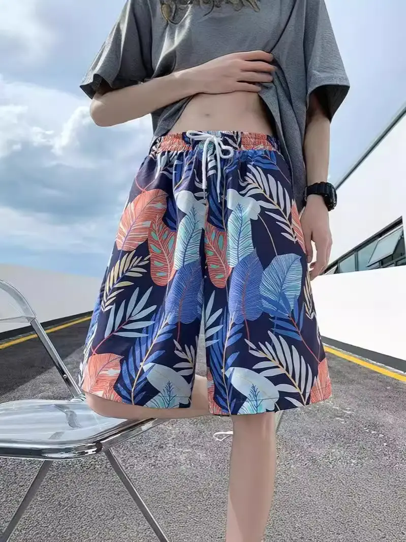 Men Summer Ice Silk Floral Shorts Loose Fit