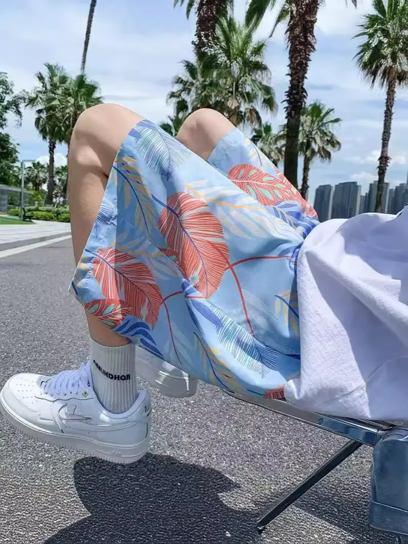 Men Summer Ice Silk Floral Shorts Loose Fit