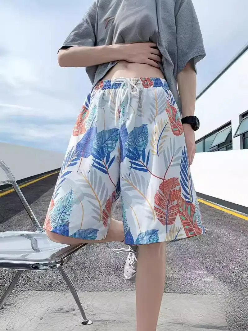 Men Summer Ice Silk Floral Shorts Loose Fit