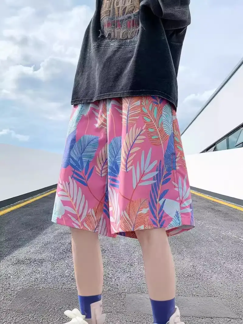 Men Summer Ice Silk Floral Shorts Loose Fit