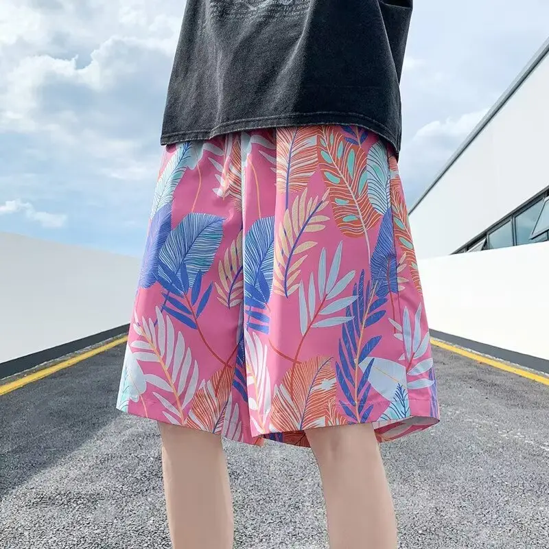 Men Summer Ice Silk Floral Shorts Loose Fit