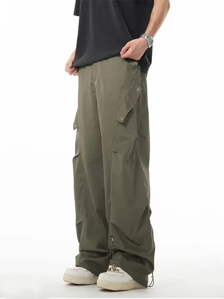Men's Green Army Style Wrinkled Cargo Pants - Image 7
