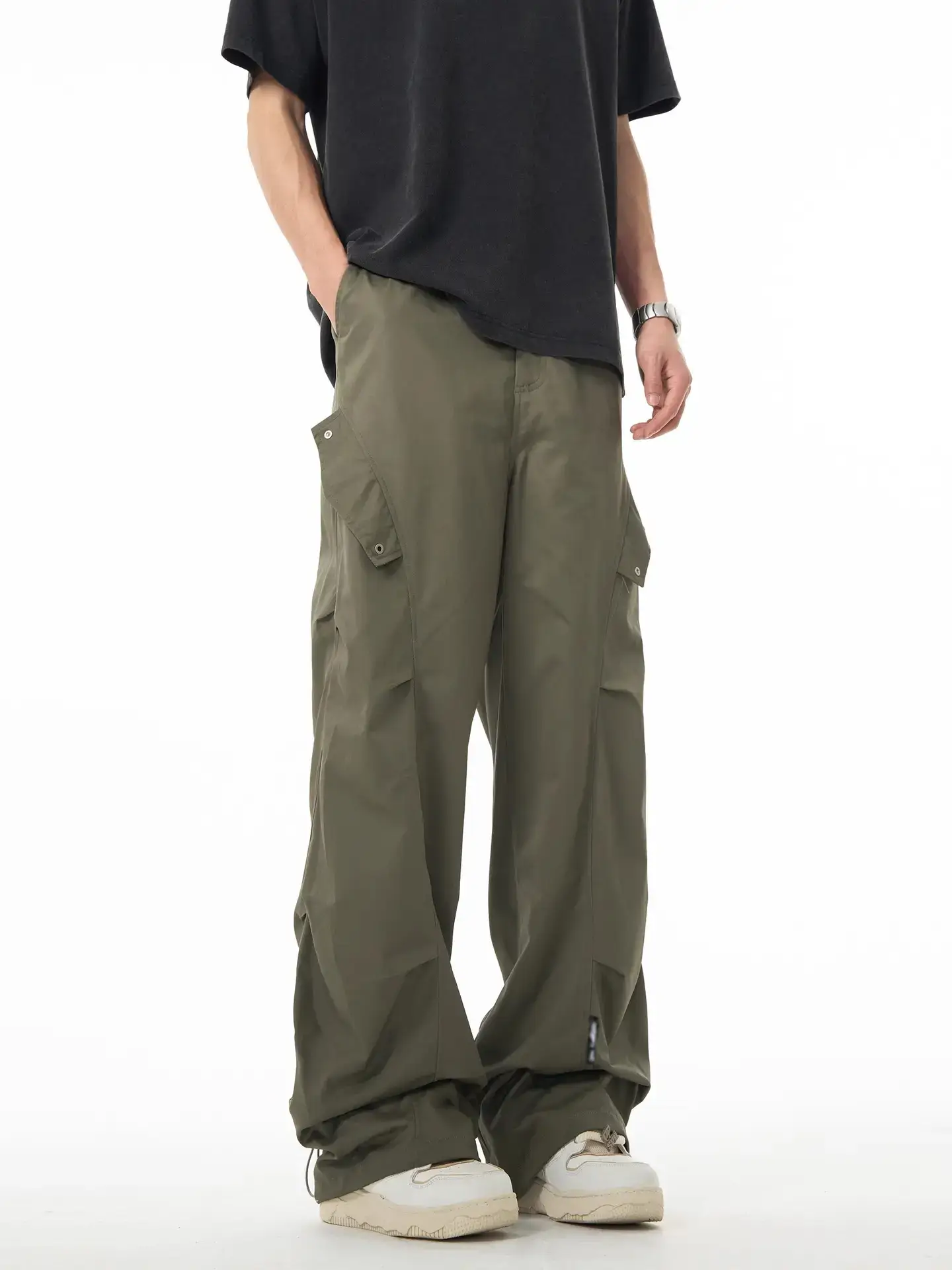 Men's Green Army Style Wrinkled Cargo Pants — feature 9