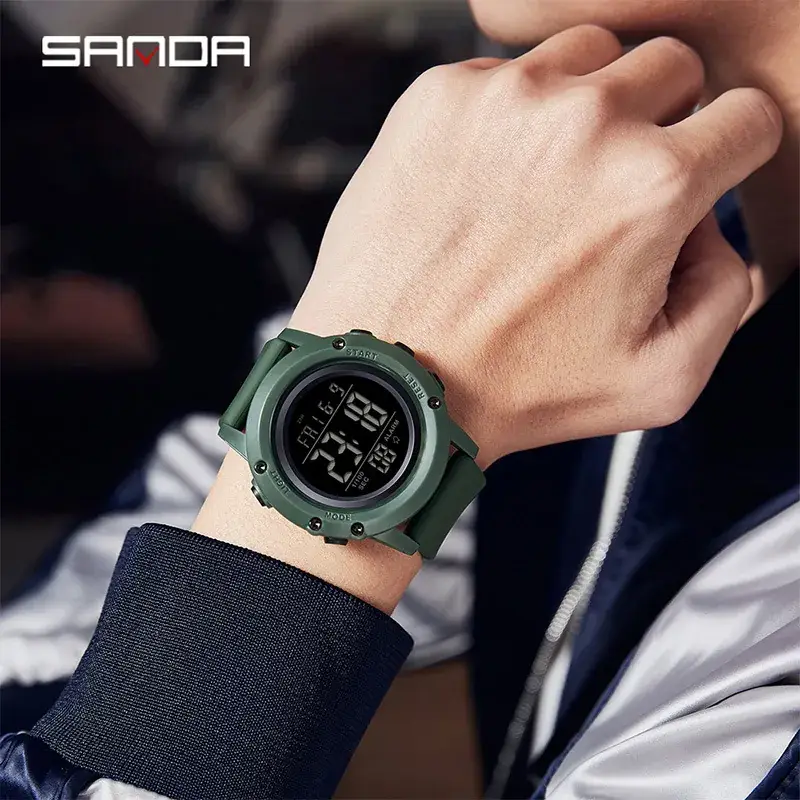 Sanda Men's Digital Sports Watch Black Green 15:37