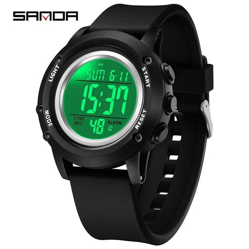 Sanda Men's Digital Sports Watch Black Green 15:37