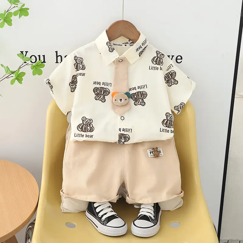 Children Cotton Short Sleeve T-Shirt Suit Beige Summer — feature 2