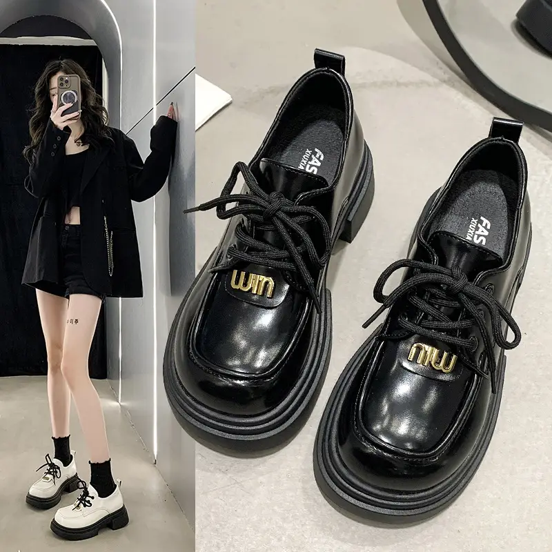 Lace-up muffin thick-soled loafers women's wholesale new spring high heel lock black small leather shoes comfortable all-match - Image 4