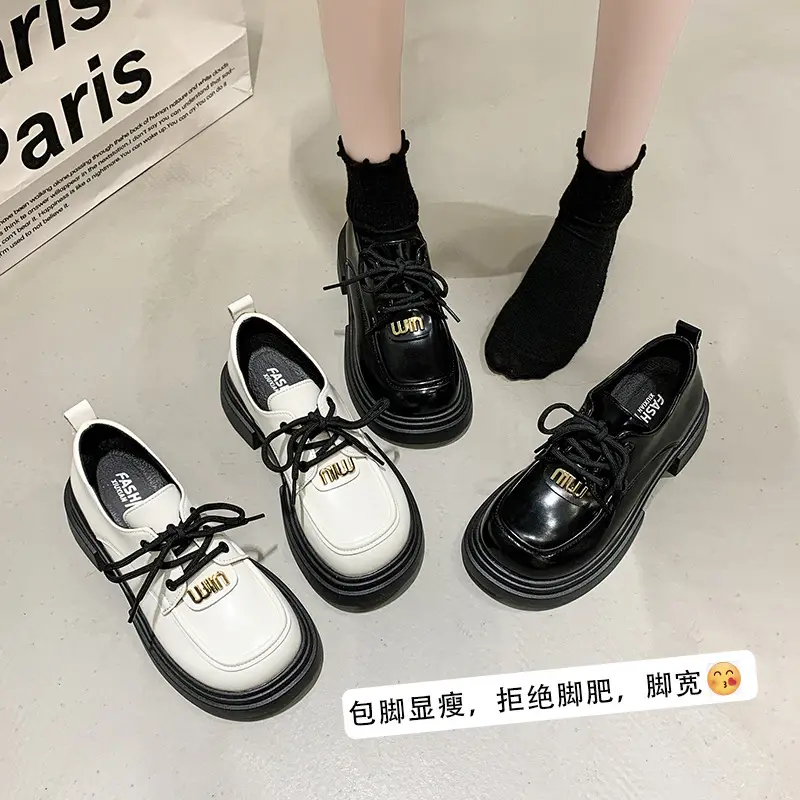 Lace-up muffin thick-soled loafers women's wholesale new spring high heel lock black small leather shoes comfortable all-match - Image 5