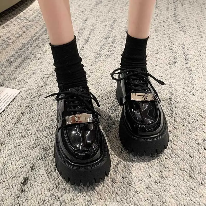 Lace-up muffin thick-soled loafers women's wholesale new spring high heel lock black small leather shoes comfortable all-match - Image 6