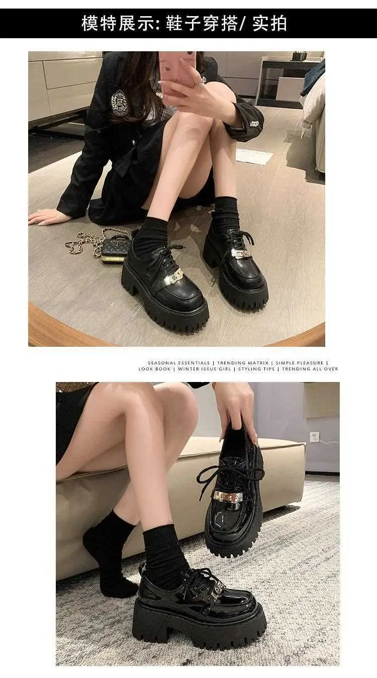 Lace-up muffin thick-soled loafers women's wholesale new spring high heel lock black small leather shoes comfortable all-match — feature 4