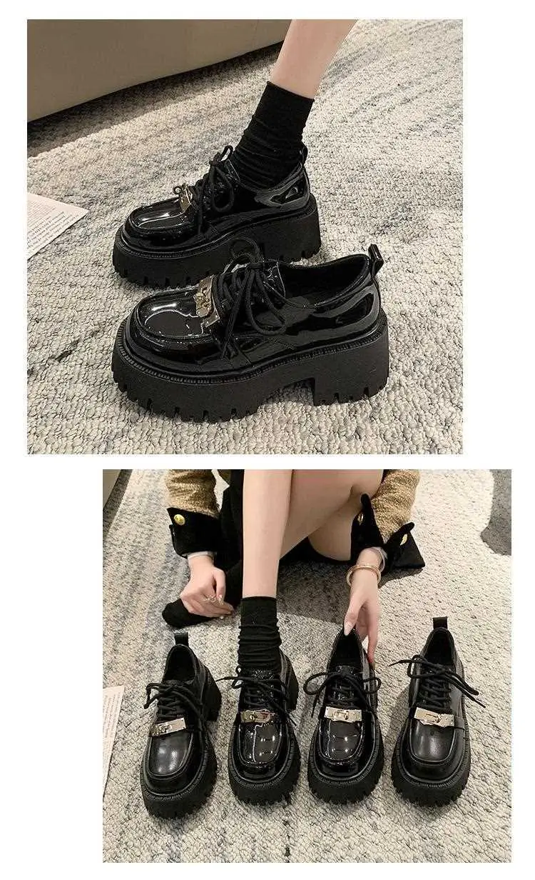 Lace-up muffin thick-soled loafers women's wholesale new spring high heel lock black small leather shoes comfortable all-match — feature 5