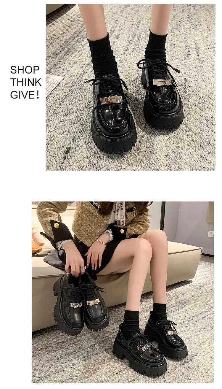 Lace-up muffin thick-soled loafers women's wholesale new spring high heel lock black small leather shoes comfortable all-match — feature 7