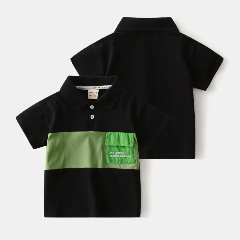 Kids Black Green Striped Polo T-Shirt 2025 Summer