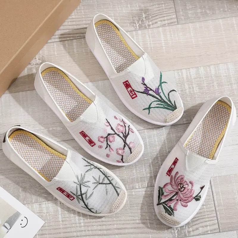 Women Embroidered Mesh Slip-On Shoes Plum Orchid Bamboo Chrysanthemum