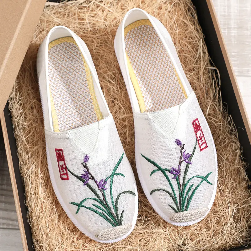 Women Embroidered Mesh Slip-On Shoes Plum Orchid Bamboo Chrysanthemum
