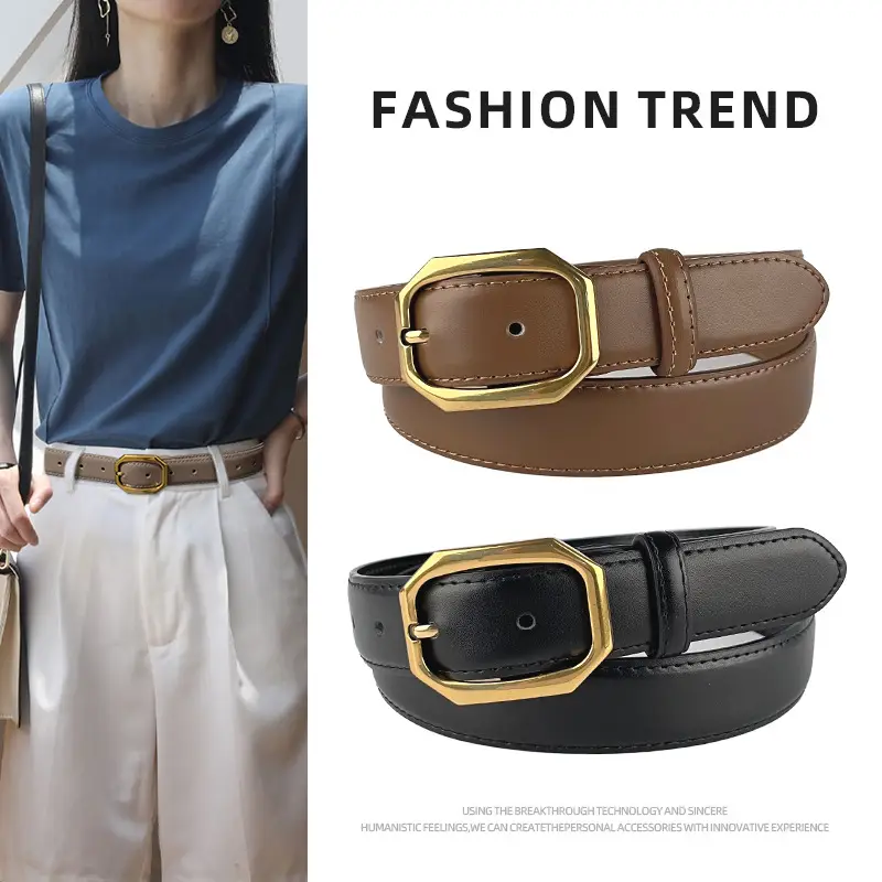 Women's Genuine Leather Belt Brown Black Gold Buckle - Image 12