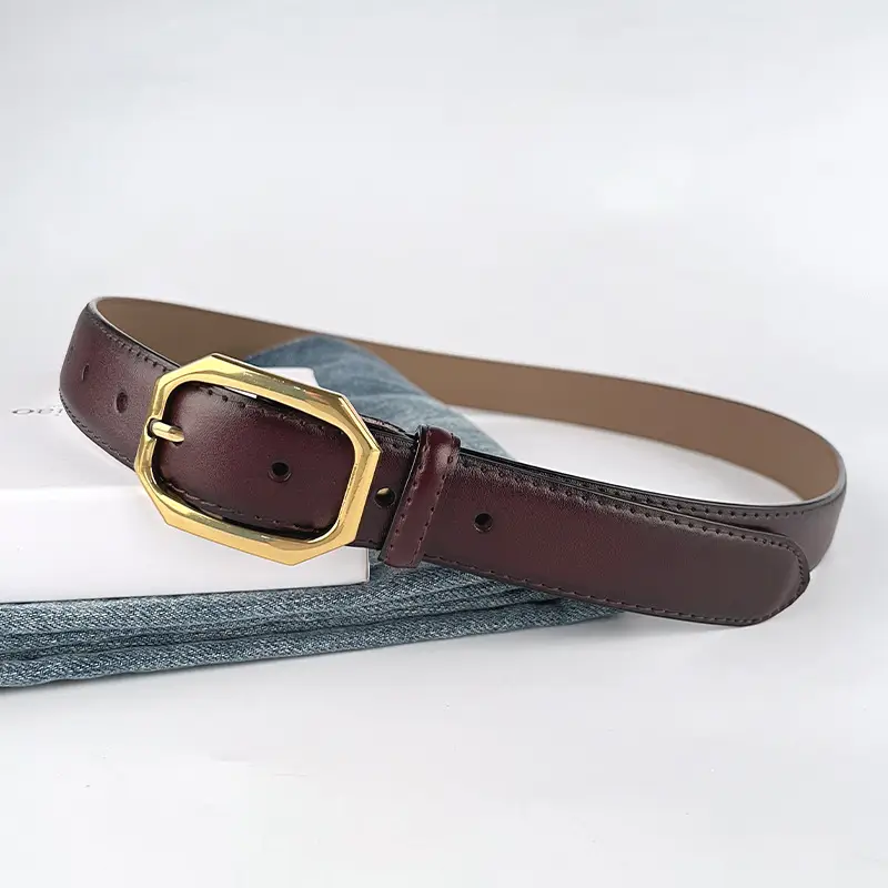 Women's Genuine Leather Belt Brown Black Gold Buckle - Image 14