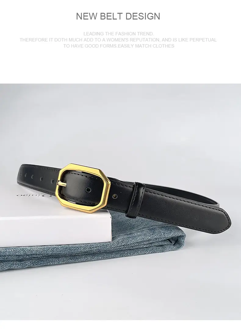 Women's Genuine Leather Belt Brown Black Gold Buckle — feature 11