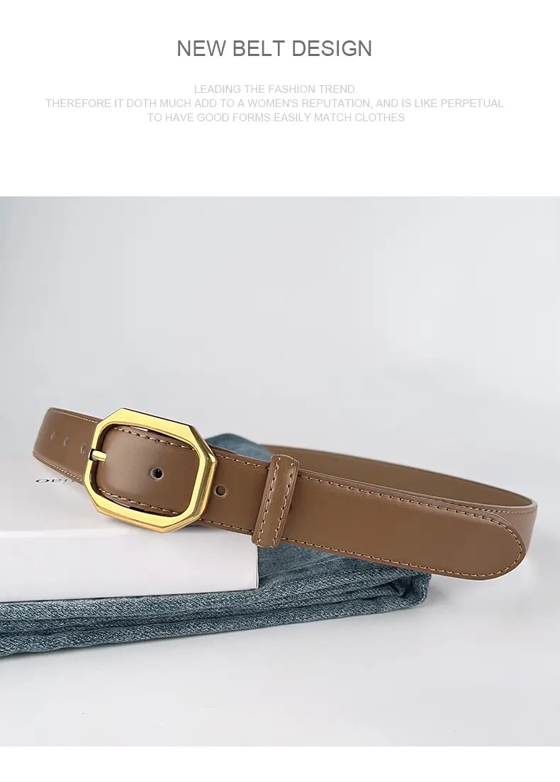 Women's Genuine Leather Belt Brown Black Gold Buckle — feature 14