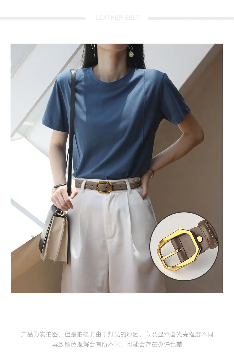 Women's Genuine Leather Belt Brown Black Gold Buckle — feature 2