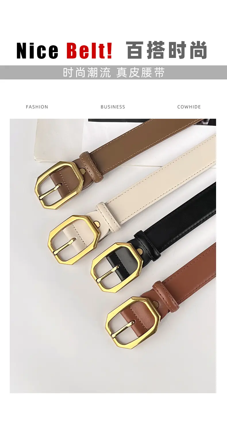 Women's Genuine Leather Belt Brown Black Gold Buckle — feature 4