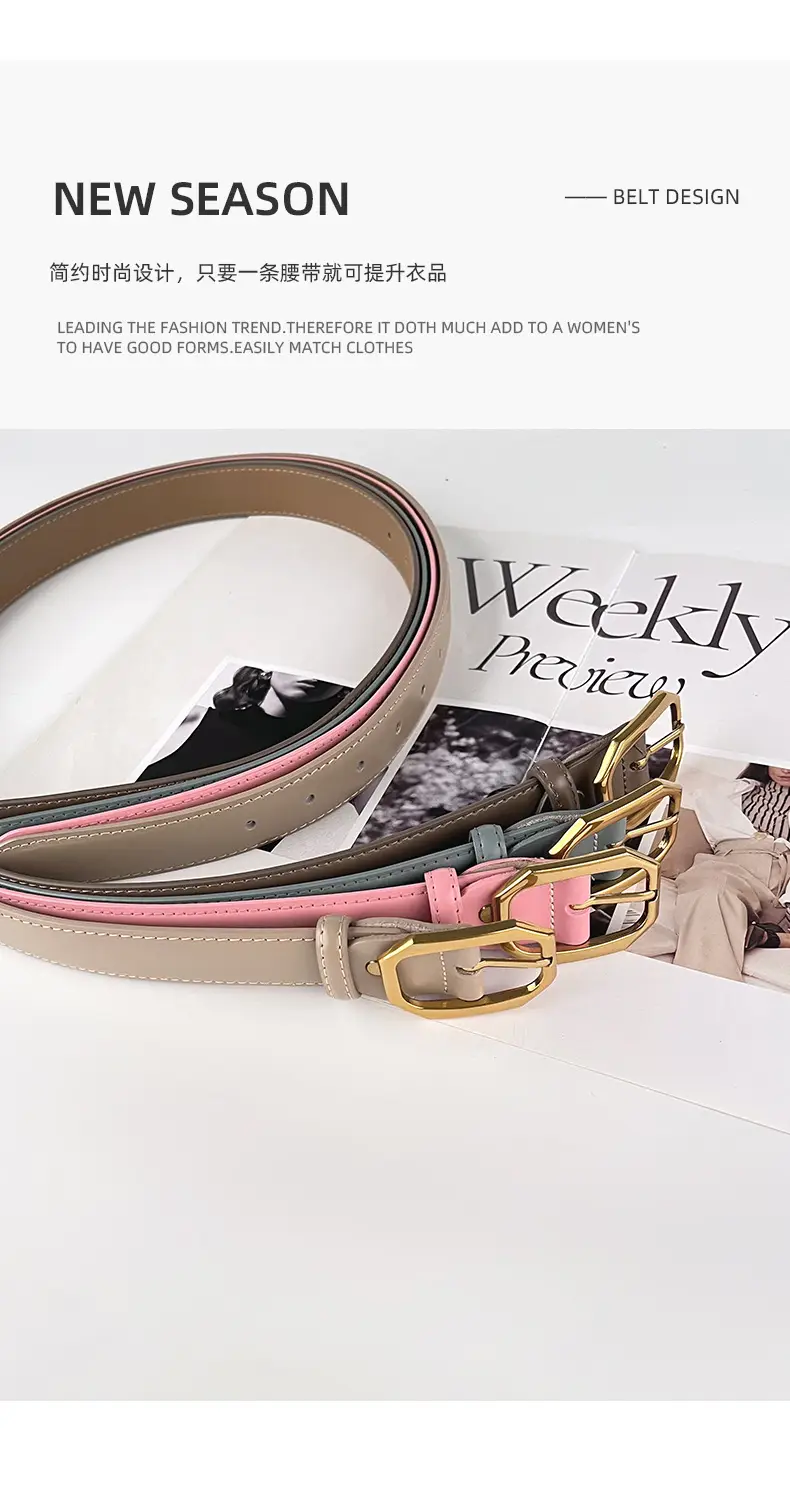 Women's Genuine Leather Belt Brown Black Gold Buckle — feature 5