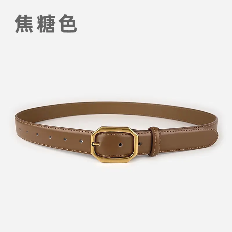 Women's Genuine Leather Belt Brown Black Gold Buckle - Image 4