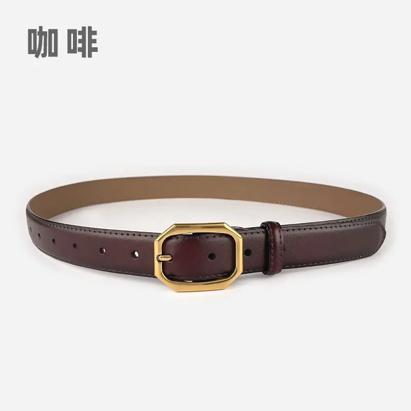 Women's Genuine Leather Belt Brown Black Gold Buckle - Image 8