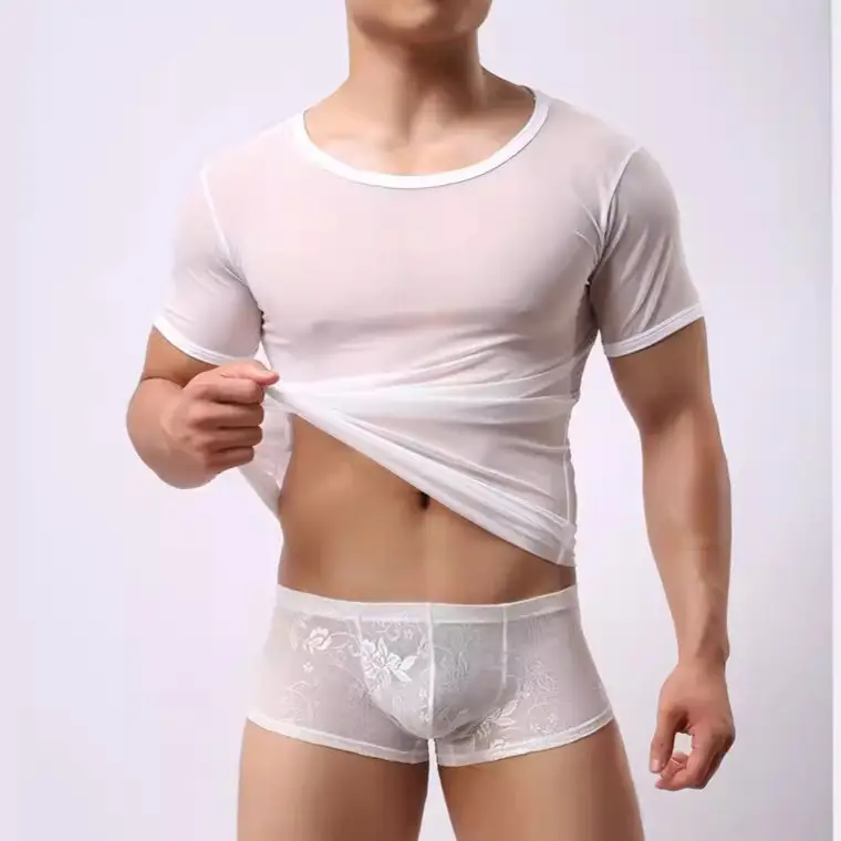 Men's White Mesh Short Sleeve Round Neck Underwear - Image 3