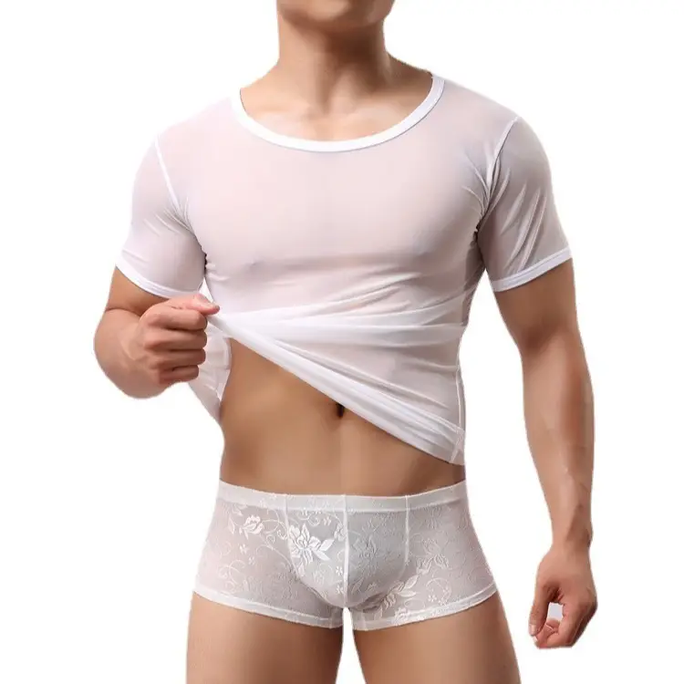 Men's White Mesh Short Sleeve Round Neck Underwear - Image 6