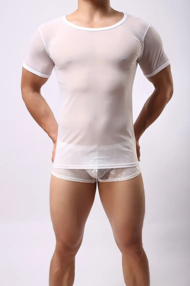 Men's White Mesh Short Sleeve Round Neck Underwear - Image 2