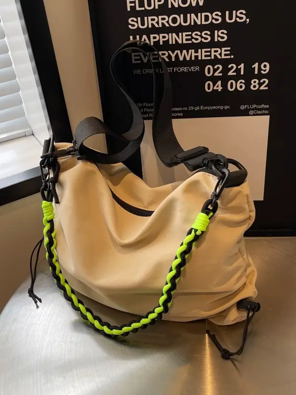 Nylon Shoulder Bag Yellow Green Zipper Closure - Image 7