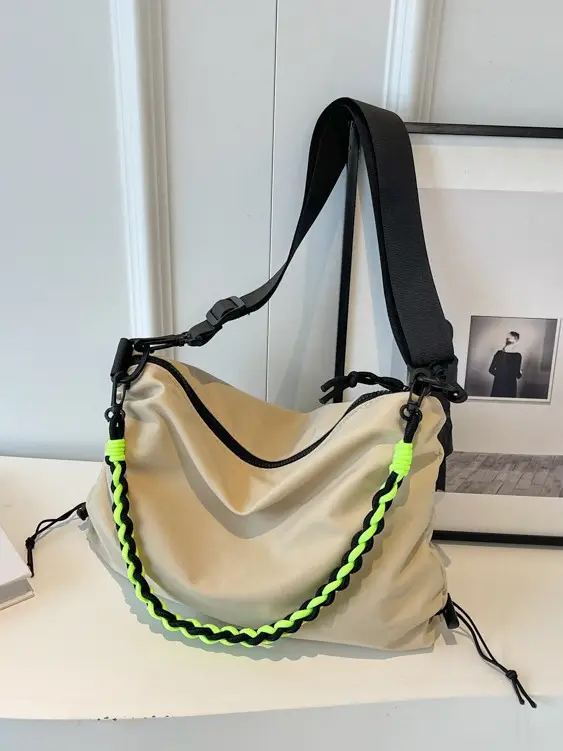 Nylon Shoulder Bag Yellow Green Zipper Closure - Image 8