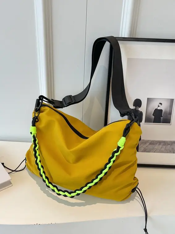 Nylon Shoulder Bag Yellow Green Zipper Closure - Image 9