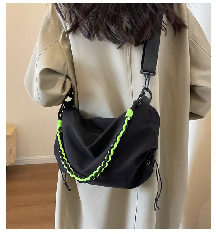 Nylon Shoulder Bag Yellow Green Zipper Closure — feature 10