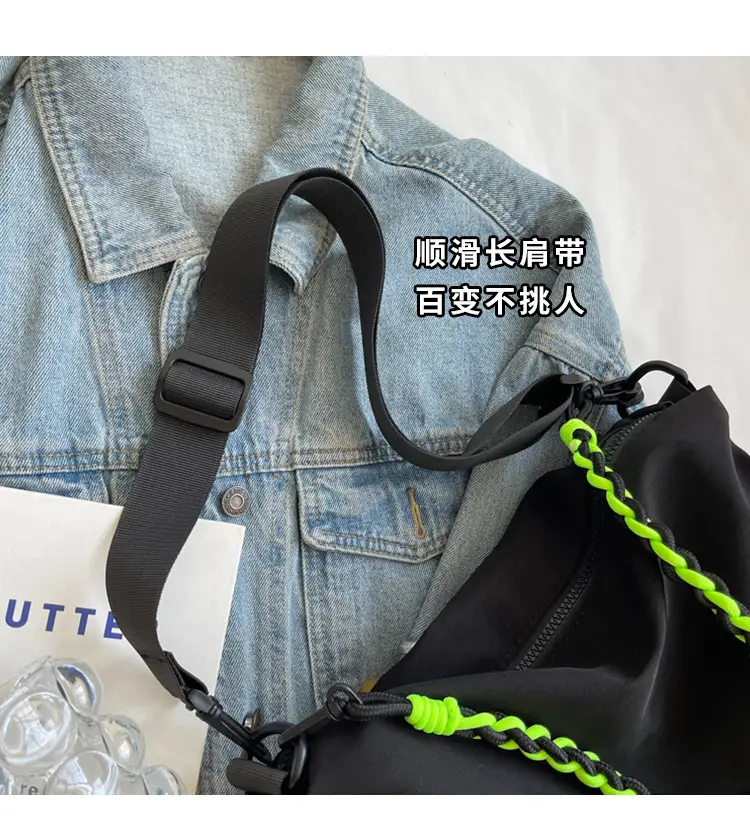 Nylon Shoulder Bag Yellow Green Zipper Closure — feature 12