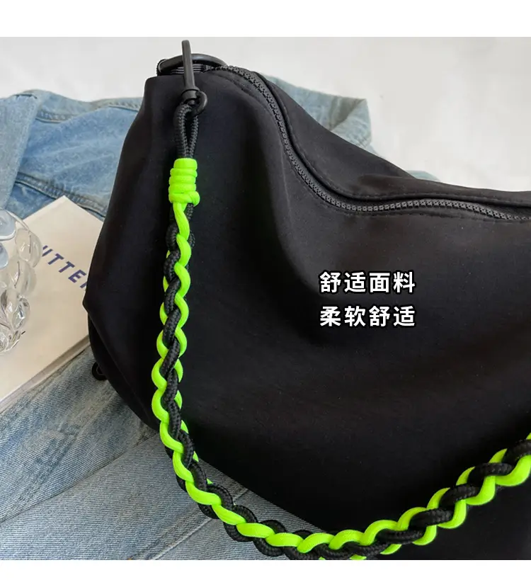 Nylon Shoulder Bag Yellow Green Zipper Closure — feature 16