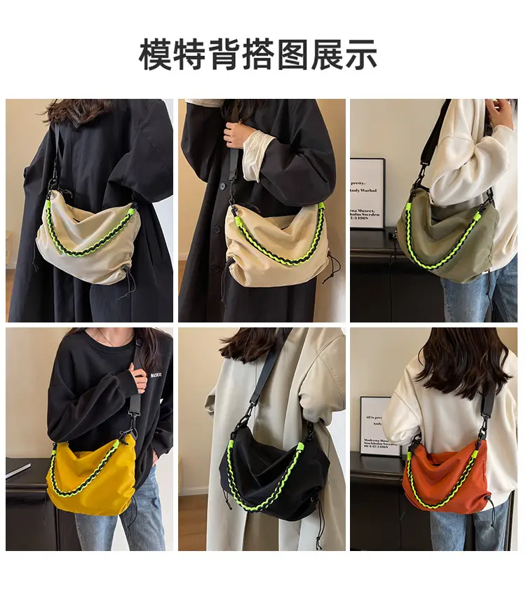 Nylon Shoulder Bag Yellow Green Zipper Closure — feature 18