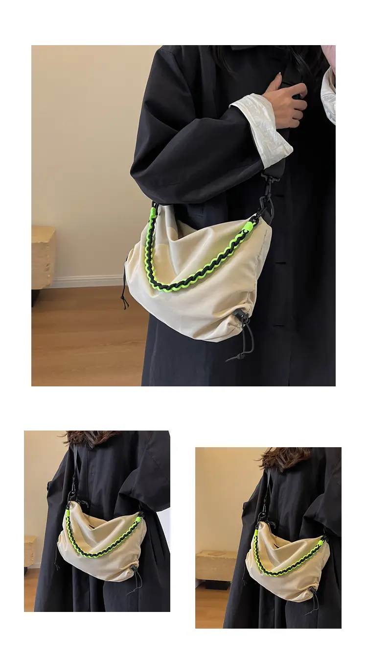 Nylon Shoulder Bag Yellow Green Zipper Closure — feature 19