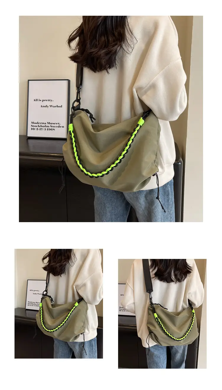 Nylon Shoulder Bag Yellow Green Zipper Closure — feature 20