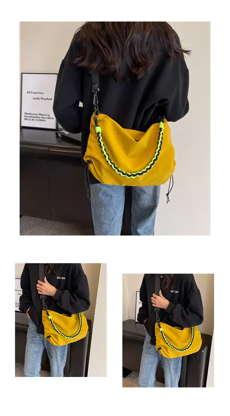 Nylon Shoulder Bag Yellow Green Zipper Closure — feature 21