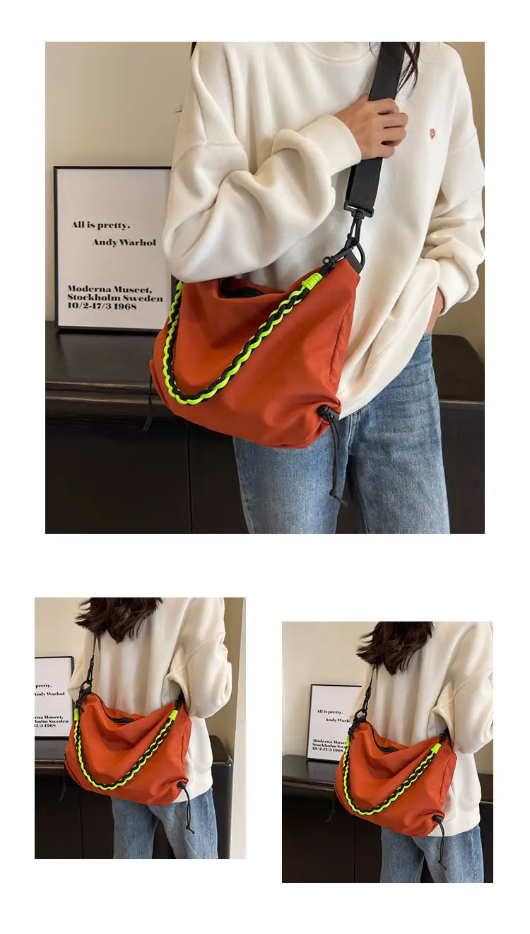 Nylon Shoulder Bag Yellow Green Zipper Closure — feature 22