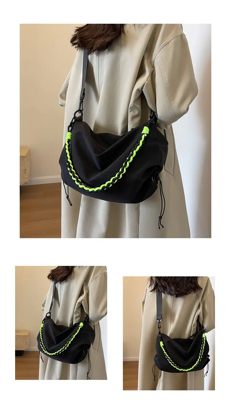 Nylon Shoulder Bag Yellow Green Zipper Closure — feature 23