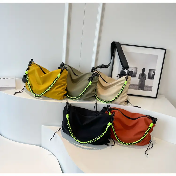 Nylon Shoulder Bag Yellow Green Zipper Closure — feature 24